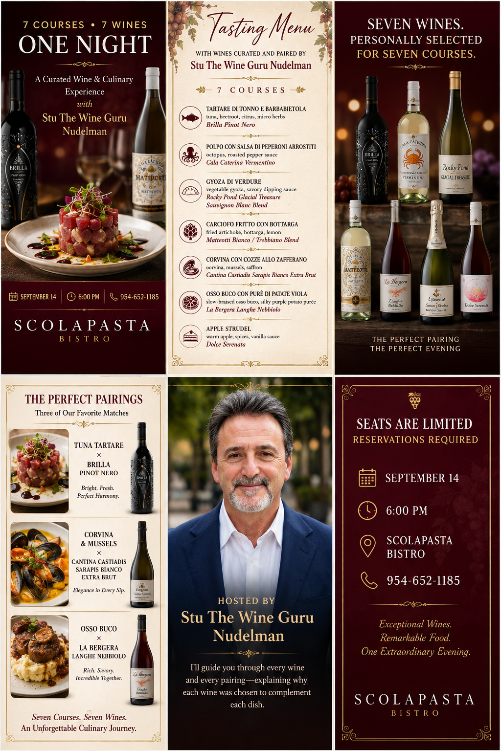 Promotional artwork for a seven-course wine and culinary dinner